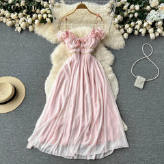 LIZAKOSHT - Temperament Sweet V-Neck Pleated 100 Pleated Chiffon Dress Women's Summer Gentle and Fashionable Holiday Fairy Dress