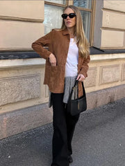 LIZAKOSHT - Vintage Suede Women's Jackets Casual Turn-down Collar Female Coat 2024 Autumn Fashion Single Breasted Lady Jacket Outwear