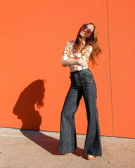 LIZAKOSHT - Women's Flared Pants New Autumn Fashion Imitation Denim Jeans High Waisted Loose Fit Split-Joint Casual Trousers