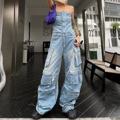 LIZAKOSHT - New Fashion Street Style Strapless Waist Body Spice Girls Multi-Pocket Denim Cordless Pants rompers womens jumpsuit