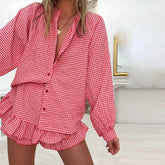 LIZAKOSHT - Women 2 Piece Beach Outfits Y2K Vintage Long Sleeve Button Plaid Tops Tiered Ruffle Skirted Shorts Sets Retro Streetwear