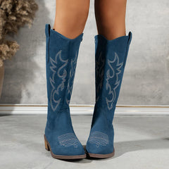 LIZAKOSHT - Retro Embroider Western Knee High Boots Women Autumn Pointed Toe Thick Heels Long Boots Woman Plus Size 43 Cowboy Botas