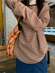 LIZAKOSHT  -  Loose Women T-Shirts Stripes All Match Full Sleeve Sweatshirt Chic Thicken Autumn Woolen Casual Vintage Outwear Tees