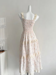 LIZAKOSHT  -  Summer French Elegant Mori Girl Style Long Dress Women Flying Sleeve Lace-Up Print Slim Dress Sweet Cute Casual Clothing