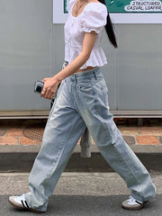 LIZAKOSHT - Streetwear Baggy Lace Jeans Women Harajuku Low Waist Jean Pant Y2K Vintage Casual Straight Washed Denim Trousers Korean
