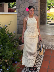 LIZAKOSHT - Fashion Crochet Women's Two Piece Set Halter Lace Up Hollow Out Vest Pattern Long Skirt 2025 Summer Knit Beach Ladies Outfits