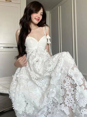 LIZAKOSHT - Classic Style White Suspender Dress Women's Summer New Seaside Holiday Slim Looking Long