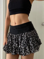 LIZAKOSHT - Y2k Retro Leopard Print Patchwork Mini Skirt Gothic Sexy Low Rise Elastic Waist Skirts Vintage 2000s Streetwear Women