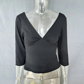 LIZAKOSHT - Summer Solid Slim Long Sleeve Women's Tops Sexy Deep V-neck Ruched Backless Crop Tops T-shirts Y2k Top Female Chic Tanks