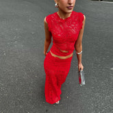 LIZAKOSHT - Sexy Hallow Out Vest Skirt Set Women Red Sleeveless O-neck Top Long Slim Hip Package Skirts 2025 Summer See Through Suit Lady