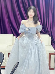 LIZAKOSHT - Grey Blue Evening Dress A-line Off The Shoulder Lace Up Shiny Sequined Bow Strapless Beading Backless Celebrity Prom Gowns New