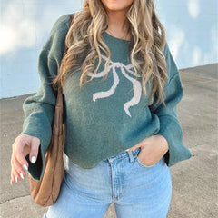 LIZAKOSHT - Coquette Womens Bow Sweater Loose Crew Neck Wide Long Sleeve Pullover Knit Tops Casual Streetwear for Spring Fall Aesthetic