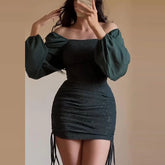 LIZAKOSHT  -  Sexy Wrap Hip Shinny Dress Women Elegant Square Collar Bodyon Office Dress Spring Autumn Lantern Sleeve Solid Mini Dress