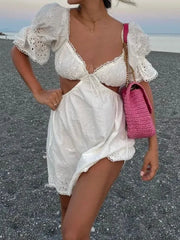LIZAKOSHT - Woman Short Puff Sleeve V neck White Holiday Cotton Robe Sexy Embroidery Hollow Out Flower Slit Waist Backless Mini Dress