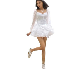 LIZAKOSHT - Casual Fashion Spring and Summer New Ruffles Patchwork Square Collar Long Sleeve High Quality Dress Solid Color Women's Clothing