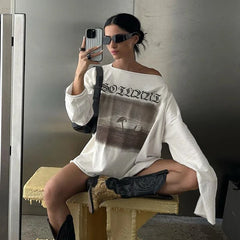 LIZAKOSHT - Vintage Letter Print Casual Tops Streetwear Off Shoulder Full Sleeve T-shirts All-match American Style Long Tees Autumn