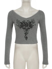 LIZAKOSHT - Gothic Graphic Prints Knit T-shirts Aesthetic Gray V- Neck Long Sleeve Tees Vintage Top Y2k Women's Clothes Autumn 2024