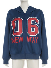 LIZAKOSHT - Casual Loose Number Printed Hoodies Basic Zipper Up Ling Sleeve Sweatshirt Coats Women Autumn Spring Streetwear