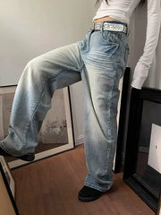 LIZAKOSHT  -  Autumn Women's Vintage Aesthetic Jeans Loose Washed Casual Style Harajuku Pants Y2K Wide Leg Punk Baggy Denim Trouser