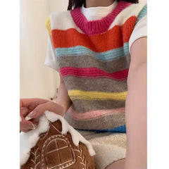 LIZAKOSHT - Women Knit Sweater Vests 2025 New Colorful Stripes Sleeveless O-neck Tops Knitwear Fashion Loose Casual Ladies Chic Jumpers