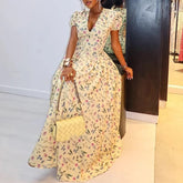 LIZAKOSHT - Casual High Waist Puff Short Sleeve Party Dress Chic V Neck Lace Up Swing Dress Elegant Plant Floral Print Pleated Evening Dress