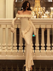 LIZAKOSHT - Sexy Bodycon Off Shoulder Long Dresses for Women Solid Ruffles Slim Mermaid Slit Evening Party Bandage Dress Prom Robe Vestidos