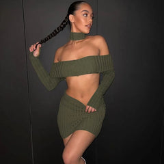 Lizakosht 2 Pieces Set Ribbed Slash Neck Long Sleeve Sexy Slim Crop Top Skirt Matching Sets Autumn Spring Fashion Party Outfit Skirts Set