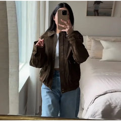 LIZAKOSHT - Casual Brown Women Coat Elegant Lapel Zippers Button Big Pocket Female Jacket 2025 Spring Autumn Elegant Lady Streetwear