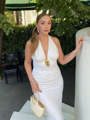LIZAKOSHT - Fashion Halter Long Dress For Women V-neck Sleeveless A-line Draped Hip Package Robe Summer Elegant Female Party Dresses