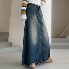 LIZAKOSHT - Women's Basic Long Ankle Length Denim A-Line Panel Skirt Classic Womens Elastic Skirts Blue Jean For Women Y2K Streewear Style