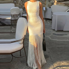 LIZAKOSHT - Elegant Sleeveless Hight Waist Slim Party Dress Casual O-neck Solid Wrap Hip Dresses Fringed Splicing Fashion Women's Long Dress