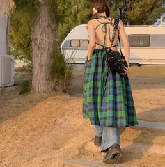 LIZAKOSHT - Sexy Sleeveless Backless Strap Dresses for Women Robe Vintage Green Plaid Long Dress Summer Boho Beach Wear Vestidos