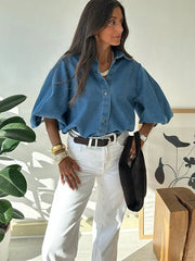 LIZAKOSHT - Denim Long Lantern Sleeve Shirts Women Single Breasted Turn-down Collar Loose Shirts Vintage 2025 Spring Commute Blouse Tops