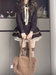 LIZAKOSHT - Japan Caramel Bray Vintage Coffee Checked Top Skirt Set Sweet Cute Niche Design Sense Casual Daily Wear Suits For Women With