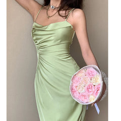 LIZAKOSHT - Sexy Women's Summer Satin Nightdress Split Stacked Ladies Nightgown French Style Backless Spaghetti Strap Dress For Female