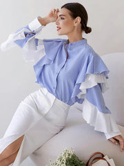 LIZAKOSHT - Oversized Blue Shirts Women Autumn Patchwork Ruffle Sleeve Striped Blouses Female French Elegant Casual Single Breasted Blusas