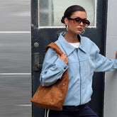 LIZAKOSHT - Lapel Long Sleeves Zipper Jacket Woman Straight Solid Color Casual Autumn Winter Coats Retro Street Fashion Women's New Jackets