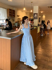 LIZAKOSHT - Suspender Long Skirt Fungus Edge Plaid New Sea Salt Ice Cream Women'S Fresh Summer Sweet Retro Long Dress