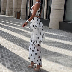 LIZAKOSHT - Polka Dot Print Holiday Skirt Outfits Sexy Halter Sleeveless Top & Layered Ruffle Skirt Set Women Elegant Luxury Slim 2Pc Suits