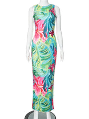 LIZAKOSHT - Summer Flower-Print Sleeveless Skinny Beach Long Dress Vacation For Woman 2024 Sexy Backless Bandage Chic Party Vestidos