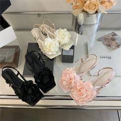 LIZAKOSHT - Designer Flower Sandals for Women Summer New Fashion Slingback Shoes Skirt Shallow Elegant Square Toe Low Heel Slippers Women