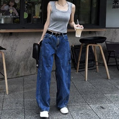 LIZAKOSHT - Summer New Women's Big Pocket Embroidered Jeans Harajuku Retro Fashion Casual Trend Street Hip-Hop Simple Loose Women's Bottoms