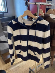 LIZAKOSHT - Casual Women Zip-up Striped Knit Cardigan Autumn Vintage Ladies Pocket Hooded Sweaters Female Chic Long Sleeve Tops