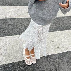 LIZAKOSHT - Vintage Lace Midi Skirt Floral Sheer See-Through Irregular Hem A-line Skirt Fairy Streetwear Chic Women Long Skirt