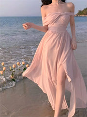 LIZAKOSHT - France Elegant Backless Chiffon Beach Dresses Korean Chic A-line Pink Fairy Dress Summer Casual Vocation Party Club Vestidos