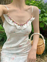 LIZAKOSHT - Women Summer Sleeveless French Retro Dress Female Elegant Floral V-neck Sexy Midi Holiday Dress Femme Party Vestido