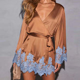 LIZAKOSHT - Women's Satin Lace Trim Dress Elegant Tie Up Warp Waist Contrast Color Long Sleeve V Neck Mini Dress for Daily Event Wear