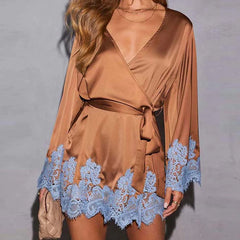 LIZAKOSHT - Women's Satin Lace Trim Dress Elegant Tie Up Warp Waist Contrast Color Long Sleeve V Neck Mini Dress for Daily Event Wear
