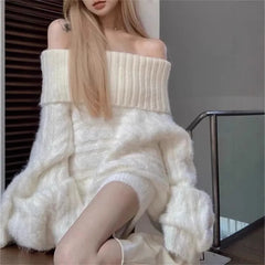 LIZAKOSHT  -  Off Shoulder Solid Color Sweater Women Tops Autumn and Winter New Slouchy Style Thickened Loose Knitted Pullover Women Clothing
