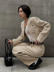 LIZAKOSHT  -  Chic Rivet Long Jeans For Women High Waist Single Button Pocket Wide Leg Pants 2025 Summer Fashion Female Streetwear Trousers